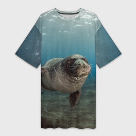 Платье-футболка 3D с принтом Тюлень под водой в Белгороде,  |  | вода | дайвинг | жирный | косяк | красивые | милые | море | морская | морской котик | океан | плывет | подводный мир | прикольные | речная | рыба | рыбалка | стая | тюлень | усатый кот | фауна | чешуя