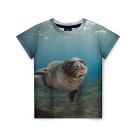 Детская футболка 3D с принтом Тюлень под водой в Белгороде, 100% гипоаллергенный полиэфир | прямой крой, круглый вырез горловины, длина до линии бедер, чуть спущенное плечо, ткань немного тянется | вода | дайвинг | жирный | косяк | красивые | милые | море | морская | морской котик | океан | плывет | подводный мир | прикольные | речная | рыба | рыбалка | стая | тюлень | усатый кот | фауна | чешуя