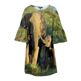 Детское платье 3D с принтом Слониха и слоненок в природе в Белгороде, 100% полиэстер | прямой силуэт, чуть расширенный к низу. Круглая горловина, на рукавах — воланы | Тематика изображения на принте: африка | африканский | бивни | большой | гигант джунгли | зоопарк | индийский | индия | лесной великан | мамонт | огромный | саванна | сафари | серый | слон | слоненок | слониха | стадо | уши | хобот