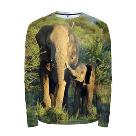 Мужской лонгслив 3D с принтом Слониха и слоненок в природе в Белгороде, 100% полиэстер | длинные рукава, круглый вырез горловины, полуприлегающий силуэт | африка | африканский | бивни | большой | гигант джунгли | зоопарк | индийский | индия | лесной великан | мамонт | огромный | саванна | сафари | серый | слон | слоненок | слониха | стадо | уши | хобот
