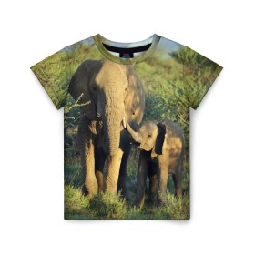 Детская футболка 3D с принтом Слониха и слоненок в природе в Белгороде, 100% гипоаллергенный полиэфир | прямой крой, круглый вырез горловины, длина до линии бедер, чуть спущенное плечо, ткань немного тянется | Тематика изображения на принте: африка | африканский | бивни | большой | гигант джунгли | зоопарк | индийский | индия | лесной великан | мамонт | огромный | саванна | сафари | серый | слон | слоненок | слониха | стадо | уши | хобот