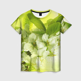 Женская футболка 3D с принтом Цветы яблони в Белгороде, 100% полиэфир ( синтетическое хлопкоподобное полотно) | прямой крой, круглый вырез горловины, длина до линии бедер | белый | весна | дерево | зеленый | природа | растения | цветы | яблоня