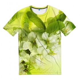 Мужская футболка 3D с принтом Цветы яблони в Белгороде, 100% полиэфир | прямой крой, круглый вырез горловины, длина до линии бедер | белый | весна | дерево | зеленый | природа | растения | цветы | яблоня