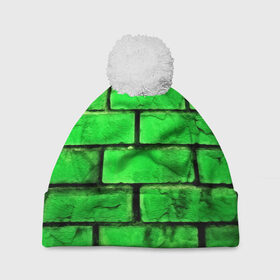 Шапка 3D c помпоном с принтом Зелёные кирпичики в Белгороде, 100% полиэстер | универсальный размер, печать по всей поверхности изделия | 3d | зелёные кирпичики | камень | краска | текстуры