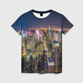 Женская футболка 3D с принтом Ночной город 3 в Белгороде, 100% полиэфир ( синтетическое хлопкоподобное полотно) | прямой крой, круглый вырез горловины, длина до линии бедер | город | здания | небо | ночь | свет