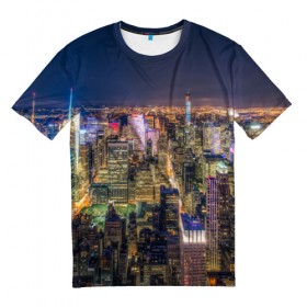Мужская футболка 3D с принтом Ночной город 3 в Белгороде, 100% полиэфир | прямой крой, круглый вырез горловины, длина до линии бедер | город | здания | небо | ночь | свет