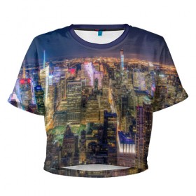 Женская футболка 3D укороченная с принтом Ночной город 3 в Белгороде, 100% полиэстер | круглая горловина, длина футболки до линии талии, рукава с отворотами | город | здания | небо | ночь | свет