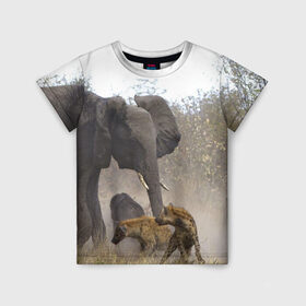 Детская футболка 3D с принтом Гиены охотятся на слона в Белгороде, 100% гипоаллергенный полиэфир | прямой крой, круглый вырез горловины, длина до линии бедер, чуть спущенное плечо, ткань немного тянется | африка | африканский | бивни | большой | гигант джунгли | гиены | индийский | индия | лесной великан | мамонт | огромный | охота | саванна | сафари | серый | слон | слониха | стадо | уши | хобот