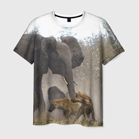 Мужская футболка 3D с принтом Гиены охотятся на слона в Белгороде, 100% полиэфир | прямой крой, круглый вырез горловины, длина до линии бедер | африка | африканский | бивни | большой | гигант джунгли | гиены | индийский | индия | лесной великан | мамонт | огромный | охота | саванна | сафари | серый | слон | слониха | стадо | уши | хобот