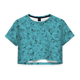 Женская футболка 3D укороченная с принтом Осьминоги в Белгороде, 100% полиэстер | круглая горловина, длина футболки до линии талии, рукава с отворотами | дайвинг | кракен | ктулху | малюск | море | океан | осьминог | паттерн | рыбалка | спрут