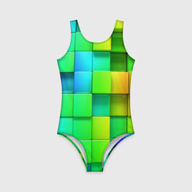 Детский купальник 3D с принтом Пазлы в Белгороде, Полиэстер 85%, Спандекс 15% | Слитный крой, подклад по переду изделия, узкие бретели | Тематика изображения на принте: абстракция | годнота | зеленый. кубы | пазлы | радуга | яркий