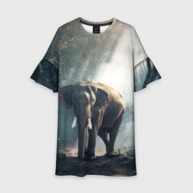 Детское платье 3D с принтом Слон в лесу в Белгороде, 100% полиэстер | прямой силуэт, чуть расширенный к низу. Круглая горловина, на рукавах — воланы | африка | африканский | бивни | большой | гигант джунгли | зоопарк | индийский | индия | лесной великан | мамонт | огромный | саванна | сафари | серый | слон | слоненок | слониха | стадо | уши | хобот