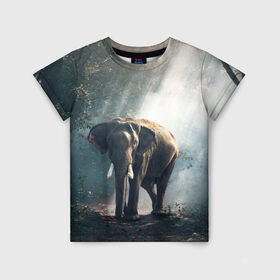 Детская футболка 3D с принтом Слон в лесу в Белгороде, 100% гипоаллергенный полиэфир | прямой крой, круглый вырез горловины, длина до линии бедер, чуть спущенное плечо, ткань немного тянется | африка | африканский | бивни | большой | гигант джунгли | зоопарк | индийский | индия | лесной великан | мамонт | огромный | саванна | сафари | серый | слон | слоненок | слониха | стадо | уши | хобот