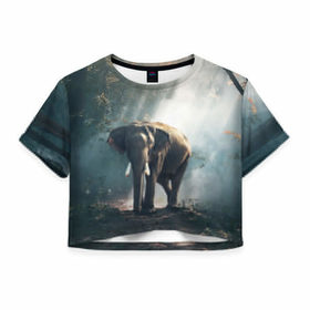 Женская футболка 3D укороченная с принтом Слон в лесу в Белгороде, 100% полиэстер | круглая горловина, длина футболки до линии талии, рукава с отворотами | африка | африканский | бивни | большой | гигант джунгли | зоопарк | индийский | индия | лесной великан | мамонт | огромный | саванна | сафари | серый | слон | слоненок | слониха | стадо | уши | хобот
