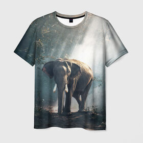 Мужская футболка 3D с принтом Слон в лесу в Белгороде, 100% полиэфир | прямой крой, круглый вырез горловины, длина до линии бедер | африка | африканский | бивни | большой | гигант джунгли | зоопарк | индийский | индия | лесной великан | мамонт | огромный | саванна | сафари | серый | слон | слоненок | слониха | стадо | уши | хобот