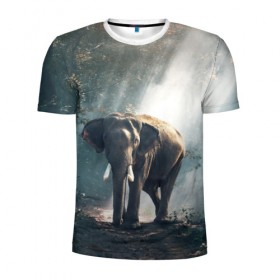 Мужская футболка 3D спортивная с принтом Слон в лесу в Белгороде, 100% полиэстер с улучшенными характеристиками | приталенный силуэт, круглая горловина, широкие плечи, сужается к линии бедра | африка | африканский | бивни | большой | гигант джунгли | зоопарк | индийский | индия | лесной великан | мамонт | огромный | саванна | сафари | серый | слон | слоненок | слониха | стадо | уши | хобот