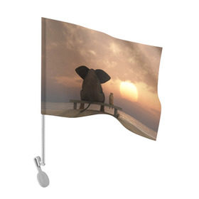 Флаг для автомобиля с принтом Слон с собакой на лавке, закат в Белгороде, 100% полиэстер | Размер: 30*21 см | 
