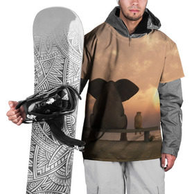 Накидка на куртку 3D с принтом Слон с собакой на лавке, закат в Белгороде, 100% полиэстер |  | Тематика изображения на принте: 