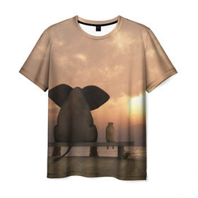Мужская футболка 3D с принтом Слон с собакой на лавке, закат в Белгороде, 100% полиэфир | прямой крой, круглый вырез горловины, длина до линии бедер | 