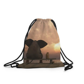 Рюкзак-мешок 3D с принтом Слон с собакой на лавке, закат в Белгороде, 100% полиэстер | плотность ткани — 200 г/м2, размер — 35 х 45 см; лямки — толстые шнурки, застежка на шнуровке, без карманов и подкладки | 