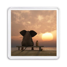 Магнит 55*55 с принтом Слон с собакой на лавке, закат в Белгороде, Пластик | Размер: 65*65 мм; Размер печати: 55*55 мм | Тематика изображения на принте: 