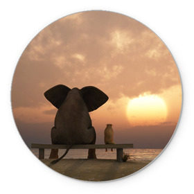 Коврик круглый с принтом Слон с собакой на лавке, закат в Белгороде, резина и полиэстер | круглая форма, изображение наносится на всю лицевую часть | 