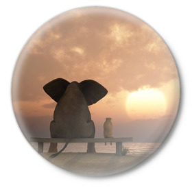 Значок с принтом Слон с собакой на лавке, закат в Белгороде,  металл | круглая форма, металлическая застежка в виде булавки | Тематика изображения на принте: 