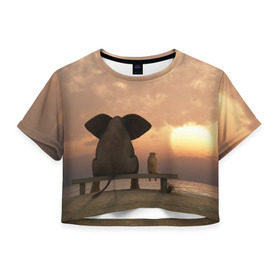 Женская футболка 3D укороченная с принтом Слон с собакой на лавке, закат в Белгороде, 100% полиэстер | круглая горловина, длина футболки до линии талии, рукава с отворотами | 