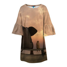 Детское платье 3D с принтом Слон с собакой на лавке, закат в Белгороде, 100% полиэстер | прямой силуэт, чуть расширенный к низу. Круглая горловина, на рукавах — воланы | 