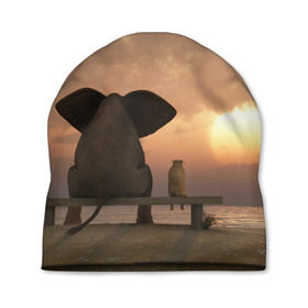 Шапка 3D с принтом Слон с собакой на лавке, закат в Белгороде, 100% полиэстер | универсальный размер, печать по всей поверхности изделия | 