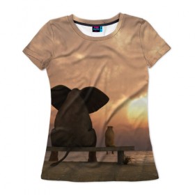 Женская футболка 3D с принтом Слон с собакой на лавке, закат в Белгороде, 100% полиэфир ( синтетическое хлопкоподобное полотно) | прямой крой, круглый вырез горловины, длина до линии бедер | 
