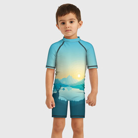 Детский купальный костюм 3D с принтом Природа в Белгороде, Полиэстер 85%, Спандекс 15% | застежка на молнии на спине | горы | графика | закат | лес | олень | природа | рисунок