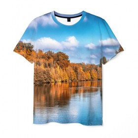 Мужская футболка 3D с принтом Река в Белгороде, 100% полиэфир | прямой крой, круглый вырез горловины, длина до линии бедер | Тематика изображения на принте: берег | вода | деревья | лес | небо | осень | природа | река