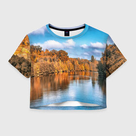 Женская футболка 3D укороченная с принтом Река в Белгороде, 100% полиэстер | круглая горловина, длина футболки до линии талии, рукава с отворотами | берег | вода | деревья | лес | небо | осень | природа | река