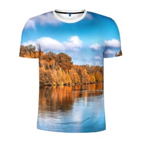 Мужская футболка 3D спортивная с принтом Река в Белгороде, 100% полиэстер с улучшенными характеристиками | приталенный силуэт, круглая горловина, широкие плечи, сужается к линии бедра | Тематика изображения на принте: берег | вода | деревья | лес | небо | осень | природа | река