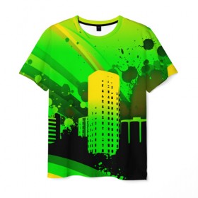 Мужская футболка 3D с принтом Город в красках в Белгороде, 100% полиэфир | прямой крой, круглый вырез горловины, длина до линии бедер | 3d | город | другие | зеленый | картинка | красивые | краски | прикольные | пятна | радуга | свет | цветные | яркие