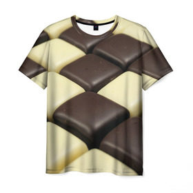 Мужская футболка 3D с принтом Шоколадные конфеты в Белгороде, 100% полиэфир | прямой крой, круглый вырез горловины, длина до линии бедер | Тематика изображения на принте: десерт | еда | конфеты | сладкое | структуры | шахматы | шоколад