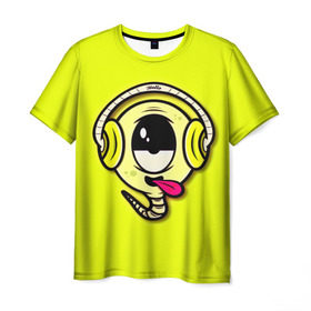 Мужская футболка 3D с принтом Музыкальный червячок в Белгороде, 100% полиэфир | прямой крой, круглый вырез горловины, длина до линии бедер | 3d | другие | желтый | картинка | минимализм | музыка | наушники | прикол | прикольные | смешно | смешные | цветные | червяк | язык | яркие