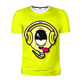 Мужская футболка 3D спортивная с принтом Музыкальный червячок в Белгороде, 100% полиэстер с улучшенными характеристиками | приталенный силуэт, круглая горловина, широкие плечи, сужается к линии бедра | 3d | другие | желтый | картинка | минимализм | музыка | наушники | прикол | прикольные | смешно | смешные | цветные | червяк | язык | яркие