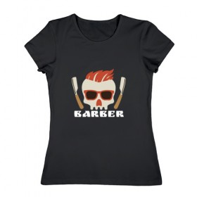 Женская футболка хлопок с принтом BARBER Барбер в Белгороде, 100% хлопок | прямой крой, круглый вырез горловины, длина до линии бедер, слегка спущенное плечо | барбершоп | череп