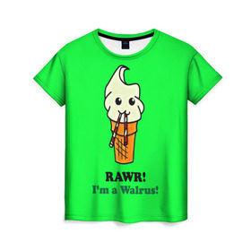 Женская футболка 3D с принтом Смешное мороженко в Белгороде, 100% полиэфир ( синтетическое хлопкоподобное полотно) | прямой крой, круглый вырез горловины, длина до линии бедер | минимализм | мороженко | я морж