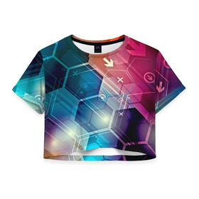 Женская футболка 3D укороченная с принтом Hi-tech в Белгороде, 100% полиэстер | круглая горловина, длина футболки до линии талии, рукава с отворотами | html | коды | нано | программный код | синий | хайтек