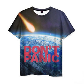 Мужская футболка 3D с принтом Без паники, метеорит в Белгороде, 100% полиэфир | прямой крой, круглый вырез горловины, длина до линии бедер | do not panic | dont panic | апокалипсис | без паники | взрыв | гибель | земля | классная | комета | конец света | космос | крутая | метеорит | не надо | прикол | прикольная надпись | ужас