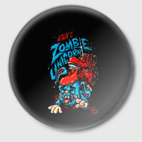 Значок с принтом Зомби в Белгороде,  металл | круглая форма, металлическая застежка в виде булавки | Тематика изображения на принте: 3d | zombi | арт | другие | единорог | заяц | зомби | мозги | популярные | прикольные