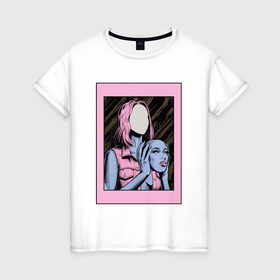 Женская футболка хлопок с принтом Без лица в Белгороде, 100% хлопок | прямой крой, круглый вырез горловины, длина до линии бедер, слегка спущенное плечо | Тематика изображения на принте: без лица | девушка | лицо в руках | розовые волосы