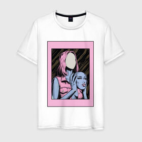 Мужская футболка хлопок с принтом Без лица в Белгороде, 100% хлопок | прямой крой, круглый вырез горловины, длина до линии бедер, слегка спущенное плечо. | без лица | девушка | лицо в руках | розовые волосы