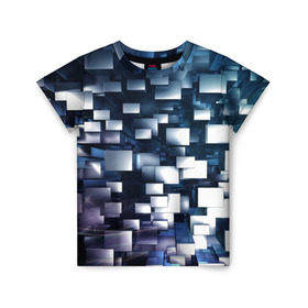 Детская футболка 3D с принтом 3D куб в Белгороде, 100% гипоаллергенный полиэфир | прямой крой, круглый вырез горловины, длина до линии бедер, чуть спущенное плечо, ткань немного тянется | Тематика изображения на принте: абстракция | геометрия | квадраты | металлический | синие | стальные | текстура | фигуры