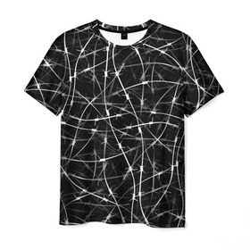 Мужская футболка 3D с принтом Колючая проволка в Белгороде, 100% полиэфир | прямой крой, круглый вырез горловины, длина до линии бедер | белый | гранж | забор | колючка | ограда | паттерн | черно белый | черный | шипы