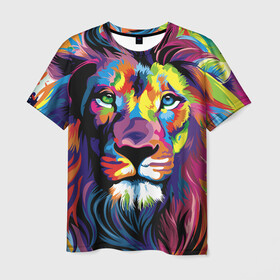 Мужская футболка 3D с принтом Красочный лев в Белгороде, 100% полиэфир | прямой крой, круглый вырез горловины, длина до линии бедер | краски | красочный лев | рисунок | узор