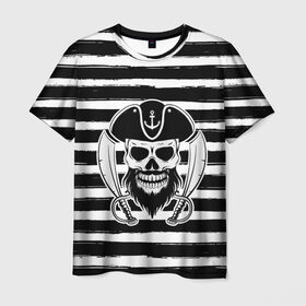 Мужская футболка 3D с принтом Тельняшка в Белгороде, 100% полиэфир | прямой крой, круглый вырез горловины, длина до линии бедер | геометрия | линии | море | океан | оружие | пират | полосы | тельняшка | череп | черно белый | шляпа | якорь